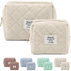 MAANGE Women Cosmetic Purse Corduroy Makeup Pouch Cute Makeup Bag Beige 2Pcs